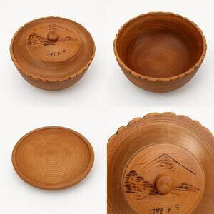 “Vintage Japanese Hand-Turned Wooden Bowl w/ Lid – Mount Fuji Pyrography Signed”